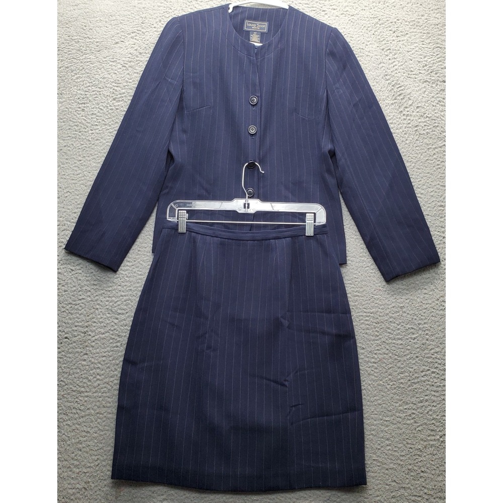 Laura Scott 2 Piece Set Womens 10P Navy Pinstripe Long Sleeve Single‎ Breasted